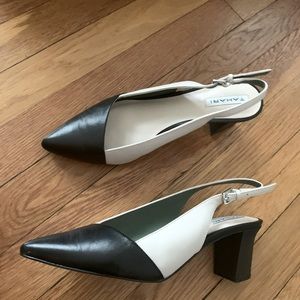 Tahari black white strap block heels